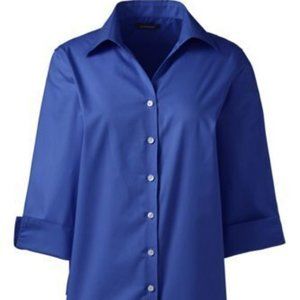 NWT LANDS' END CS 3.4 SLEEVE POPLIN BUTTON SHIRT DARK COBALT BLUE 2P (PETITE)